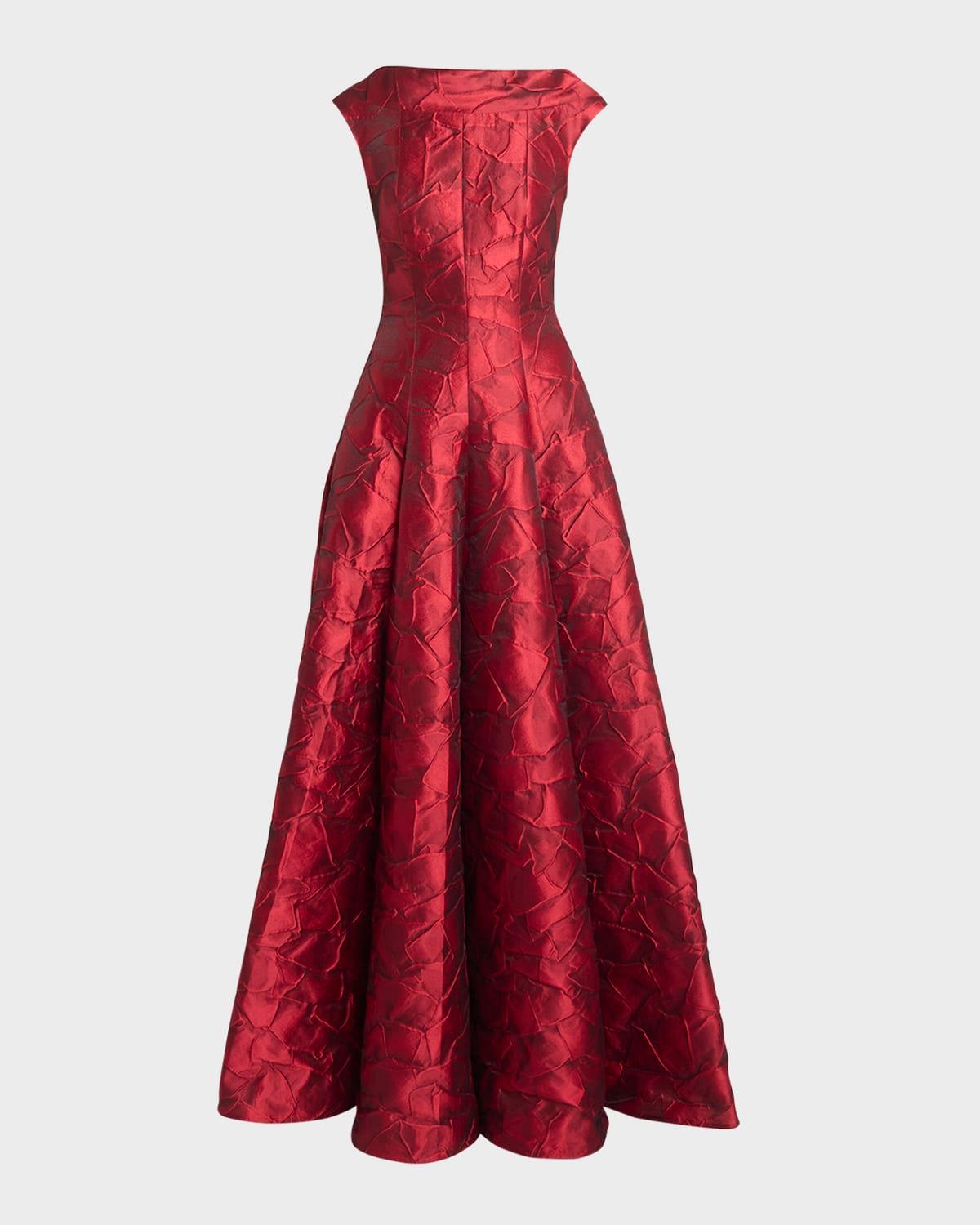 ruffles jacquard cap-sleeve gown
