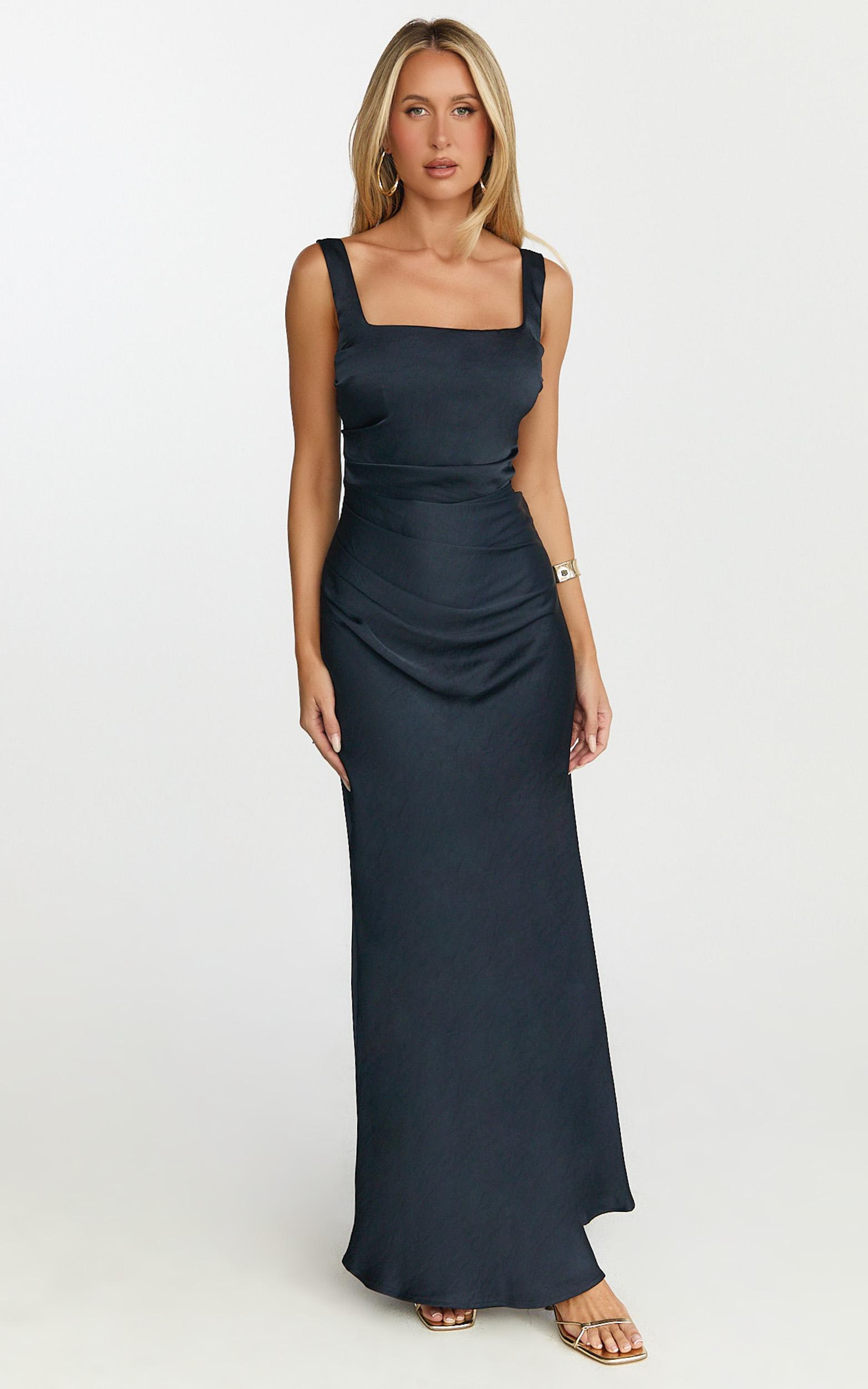 rumi midi dress - rushed bodiest satin dress in navy