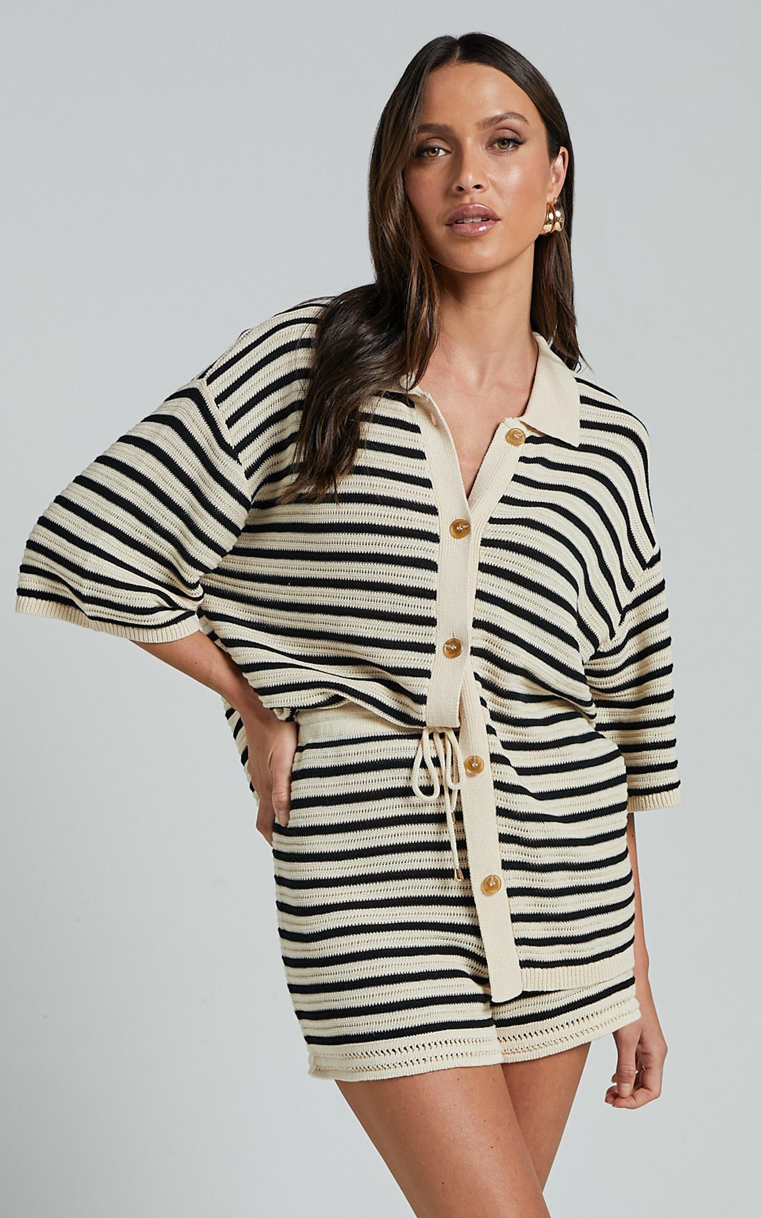 runaway the label - cherie knit shirt in sand/black