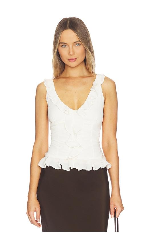runaway the label alexina sleeveless ruffle top in white.