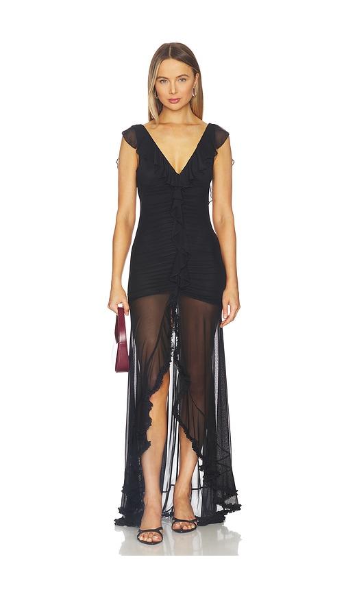 runaway the label blythe v-neck frill maxi dress in black.