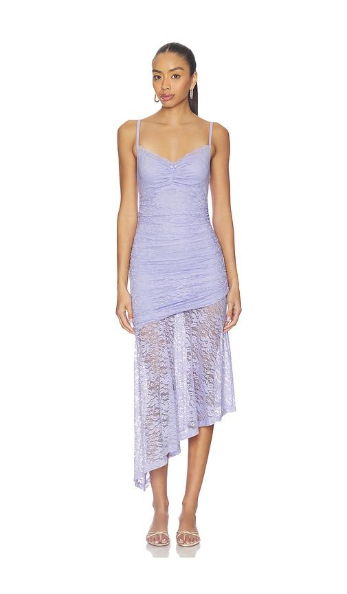 runaway the label dia asymmetrical hem midi dress in lavender.