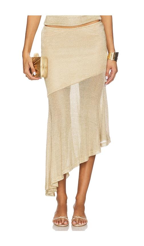 runaway the label elaine flounce midi skirt in metallic gold.