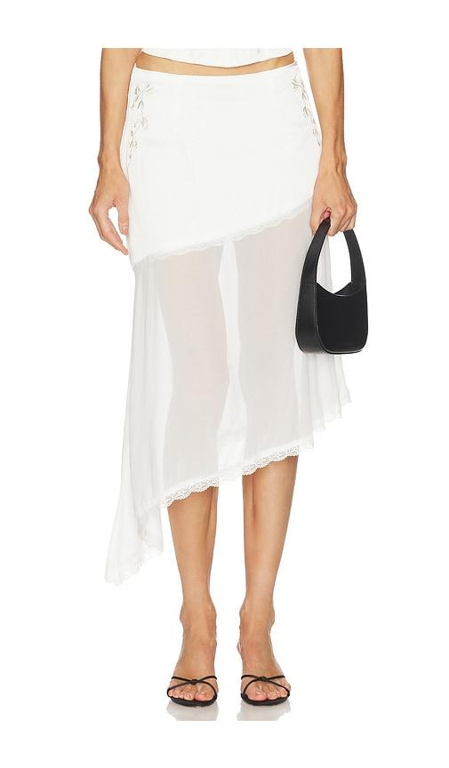 runaway the label emberly midi flounce skirt in white.