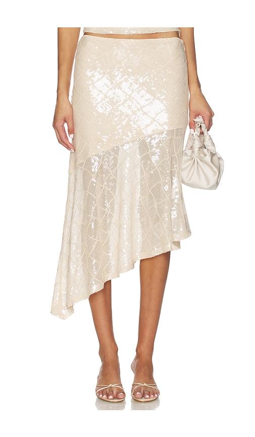 runaway the label eris sequin flounce midi skirt in neutral.