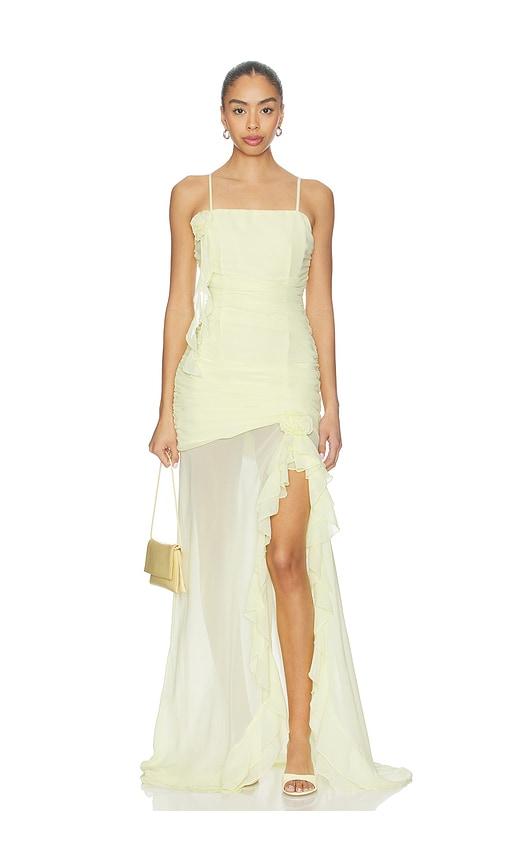 runaway the label eziya ruched frill trim maxi dress in lemon.