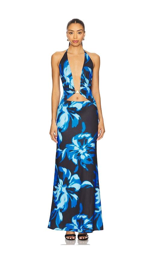 runaway the label halston maxi dress in blue,black.