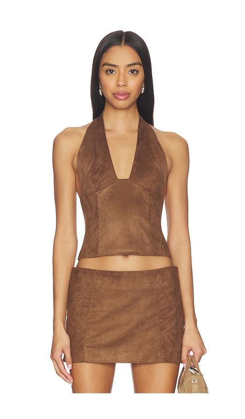 runaway the label kitty v-neck halter top in chocolate.