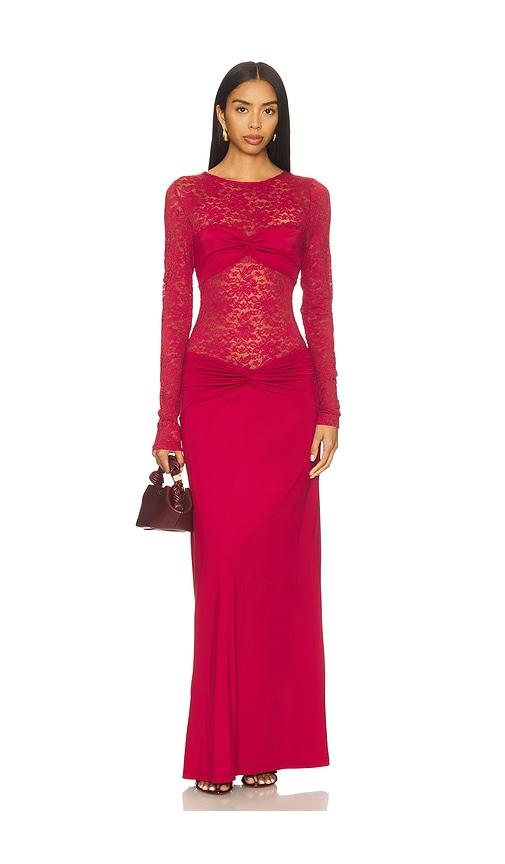 runaway the label larna lace long sleeve maxi dress in red.
