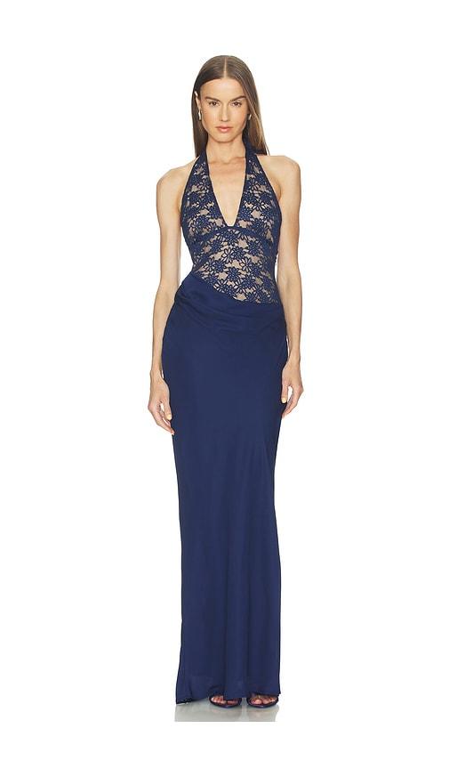 runaway the label lina halter draped maxi dress in navy.