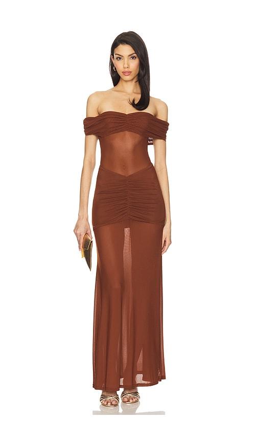 runaway the label meila maxi dress in brown.