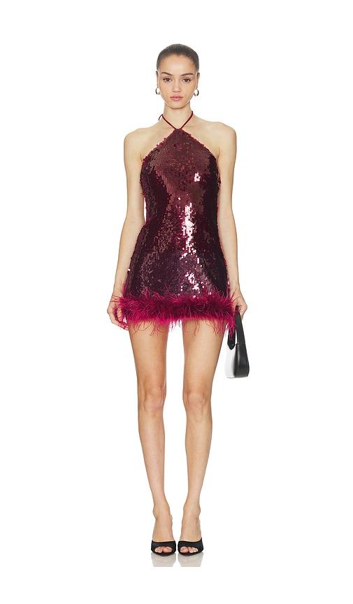 runaway the label nicola faux fur hem mini dress in red.