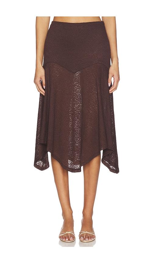 runaway the label roxelle handkerchief midi skirt in chocolate.