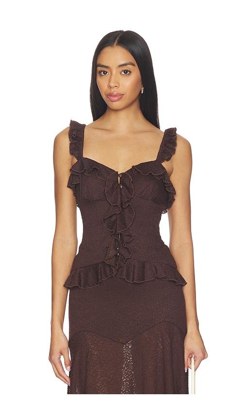 runaway the label roxelle ruffle split front top in chocolate.