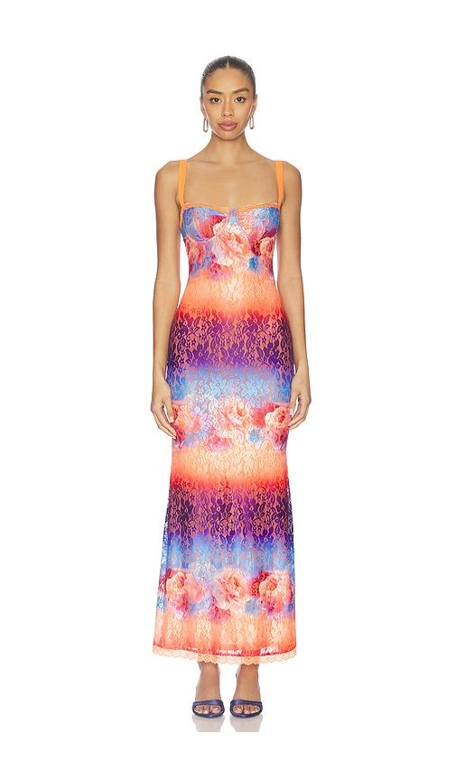 runaway the label serina lace maxi dress in orange,blue.