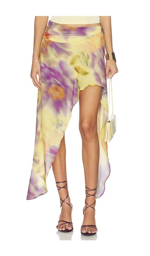 runaway the label tulia flounce midi skirt in yellow,purple.