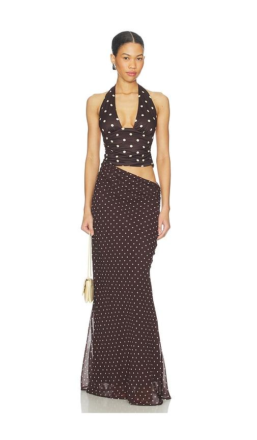 runaway the label valeria halter cutout maxi dress in chocolate.