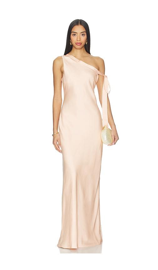 runaway the label viola one shoulder maxi dress in peach.