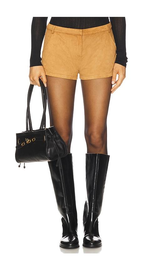 runaway the label zaela mini shorts in tan.