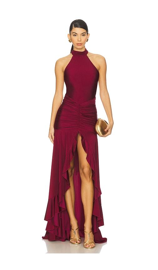 runaway the label zelma high neck maxi dress in wine.