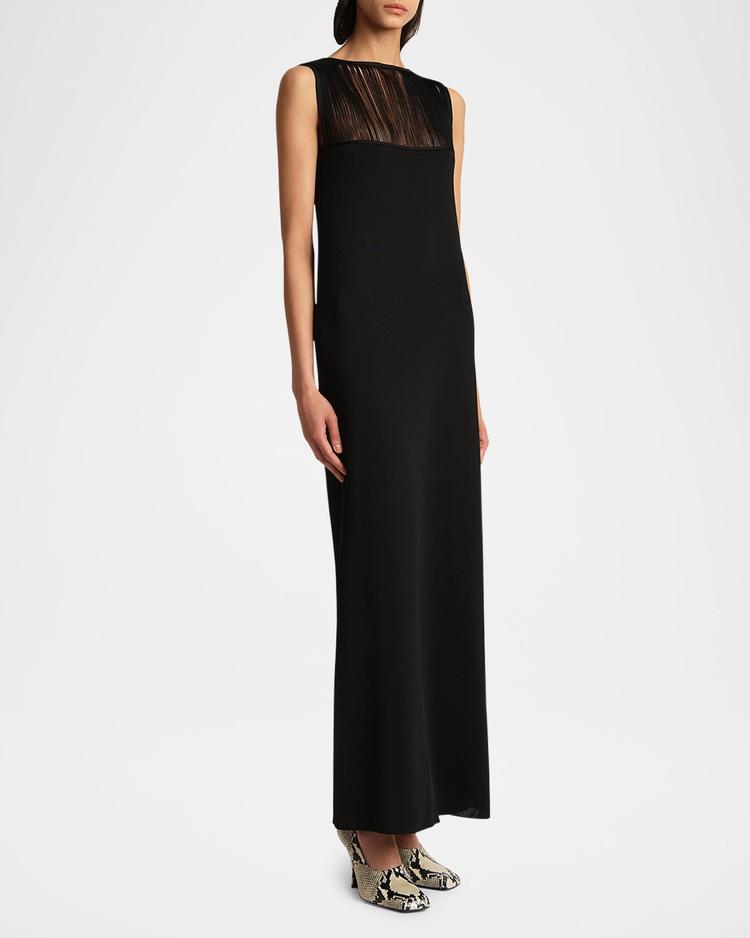 ruslan fringe yoke sleeveless column gown