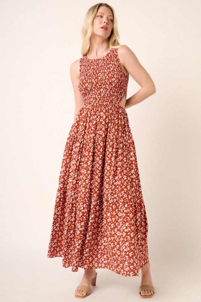 rust abstract animal print cut out detail maxi dress
