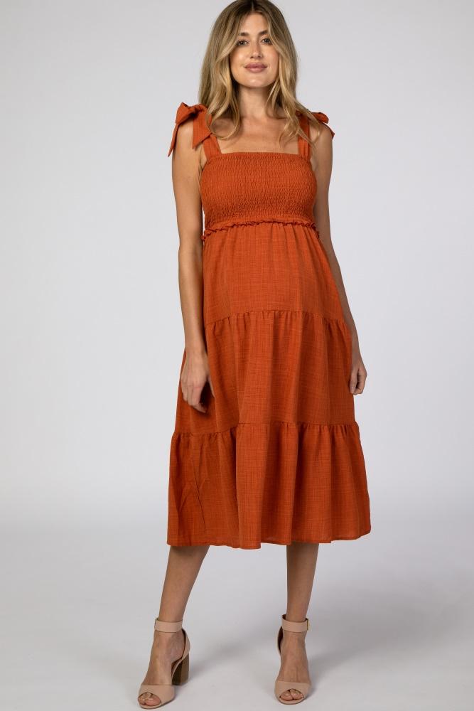 rust bow strap tiered maternity midi dress