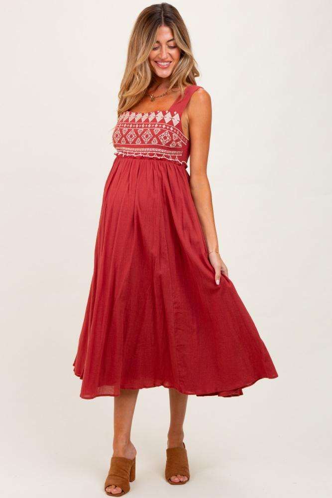 rust embroidered sleeveless maternity midi dress