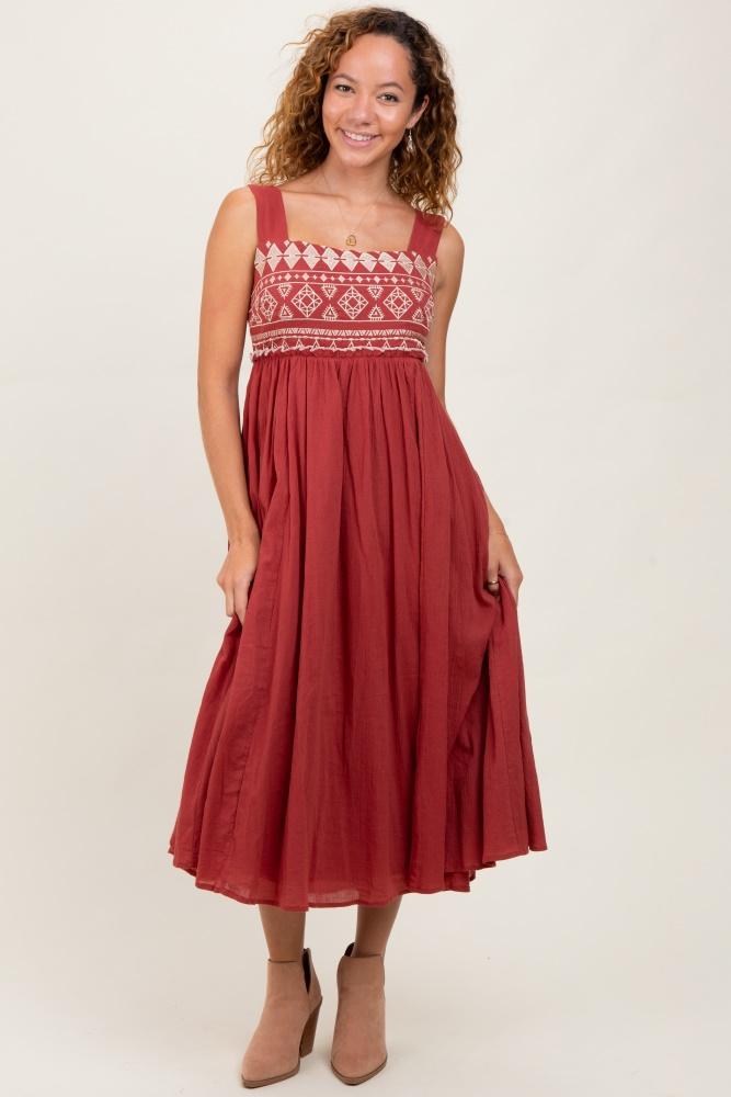 rust embroidered sleeveless midi dress