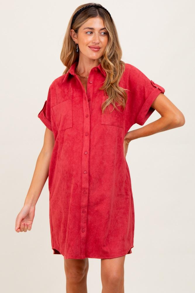 rust faux suede button down maternity shirt dress