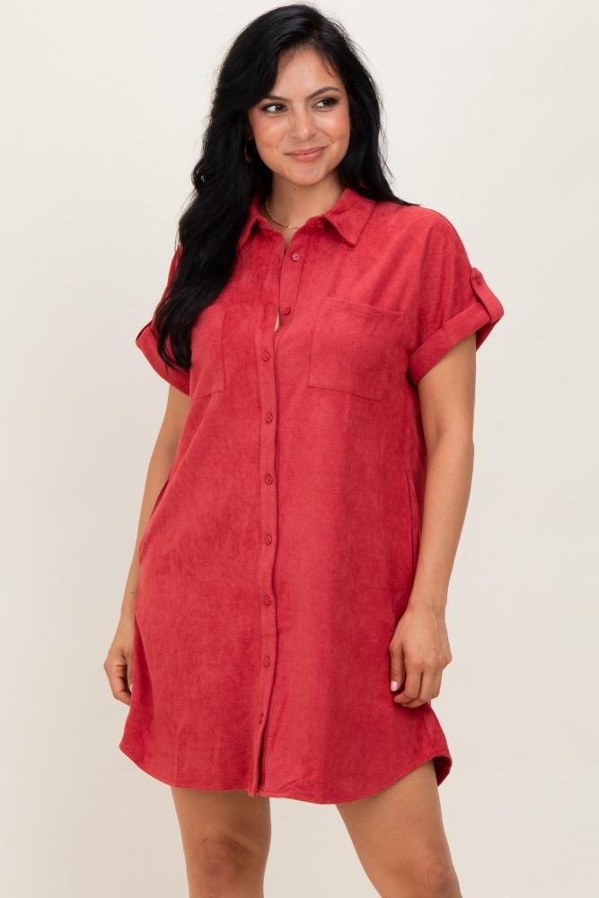 rust faux suede button down shirt dress