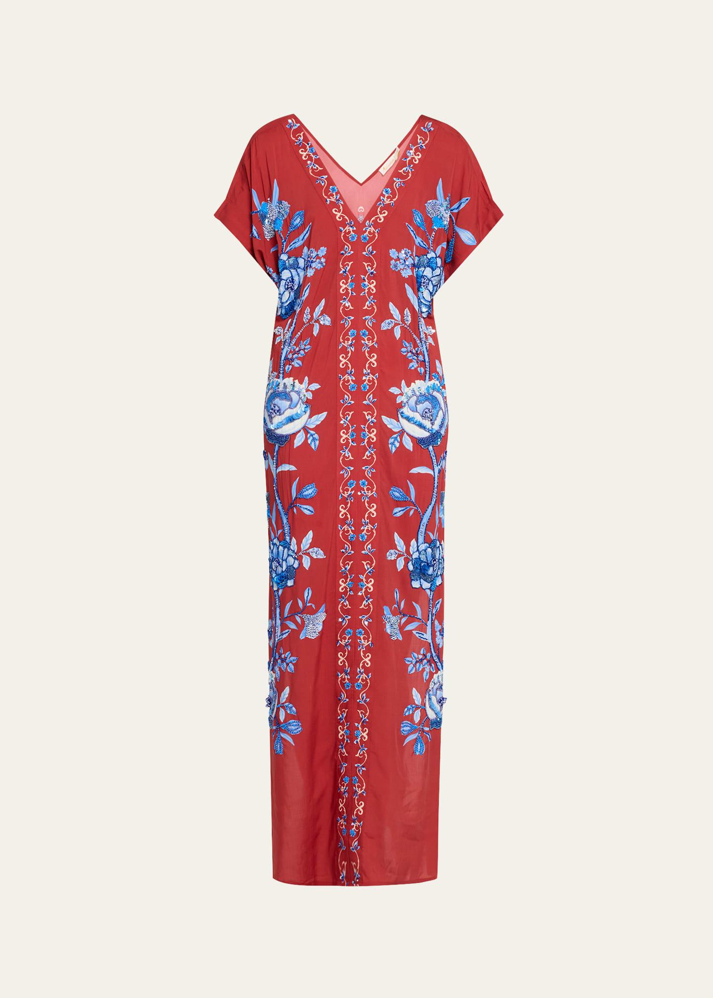 rust floral draped dress