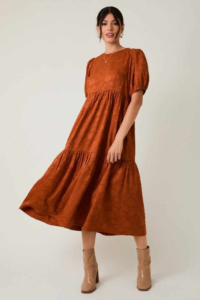 rust floral jacquard tie detail midi dress