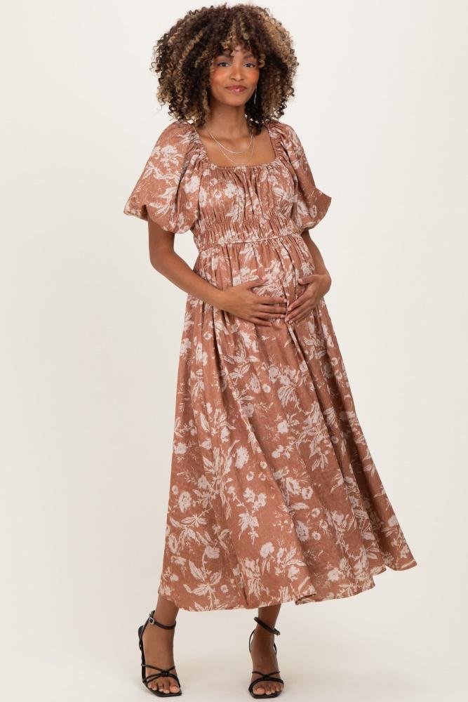 rust floral puff sleeve smocked waist maternity midi dress