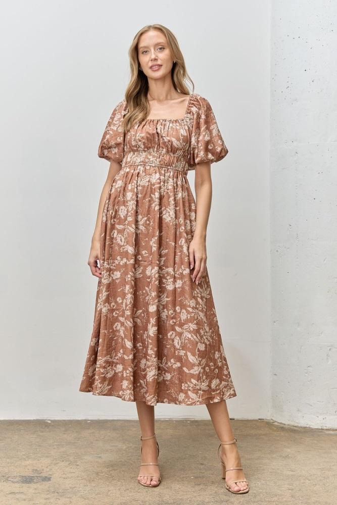 rust floral puff sleeve smocked waist midi dress