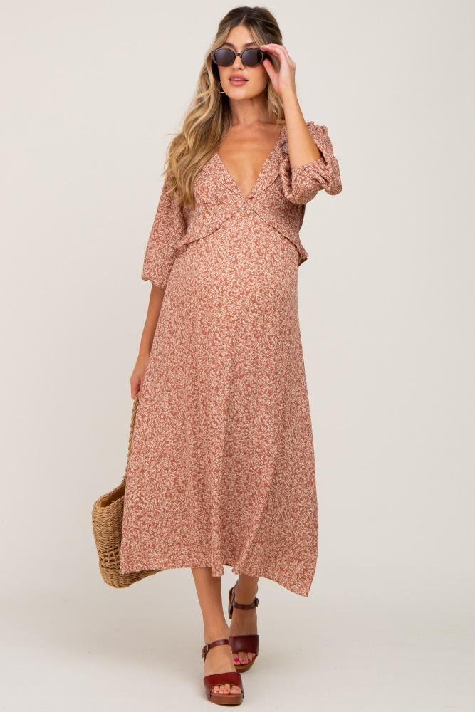 rust floral ruffle v-neck maternity midi dress