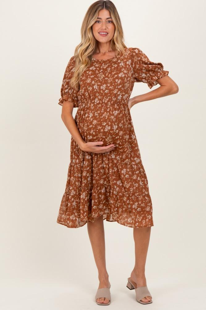 rust floral short sleeve tiered maternity midi dress