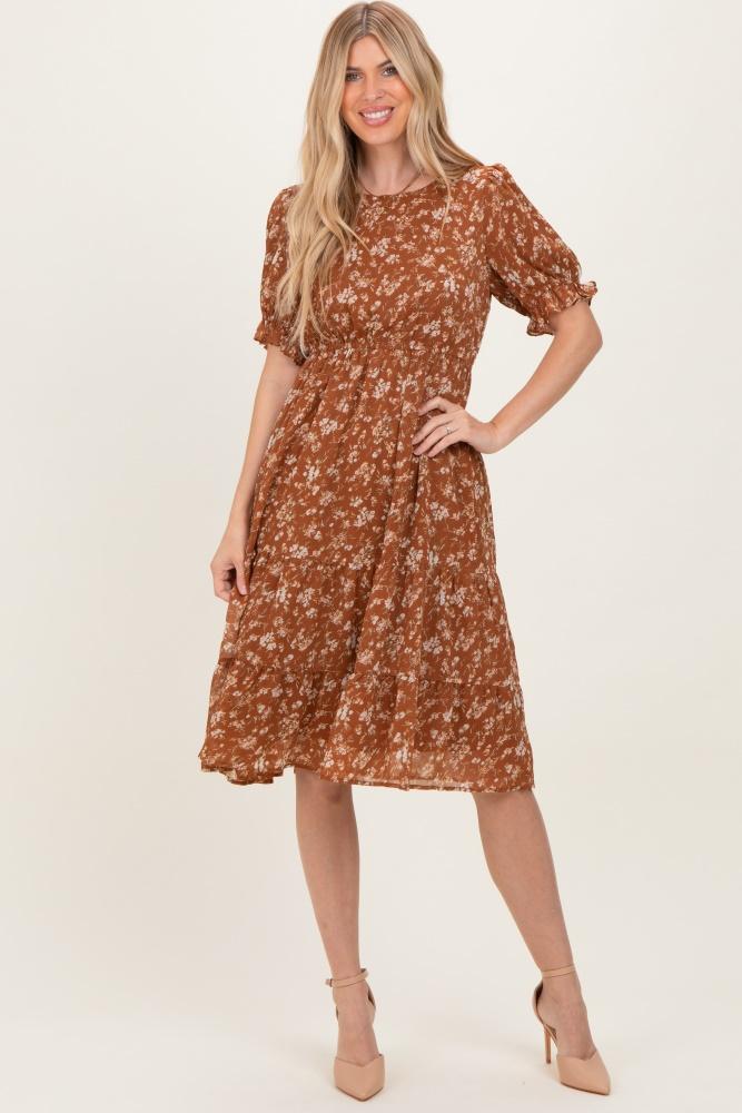 rust floral short sleeve tiered midi dress