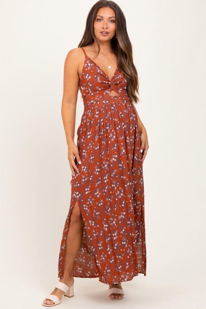 rust floral twist front cutout maternity maxi dress