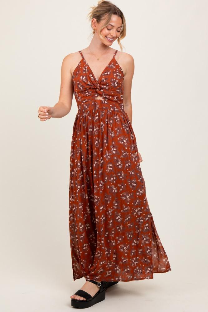 rust floral twist front cutout maxi dress
