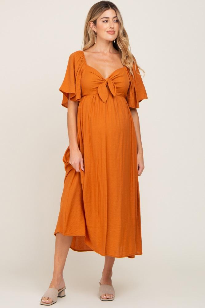 rust front tie ruffle sleeve maternity midi dress