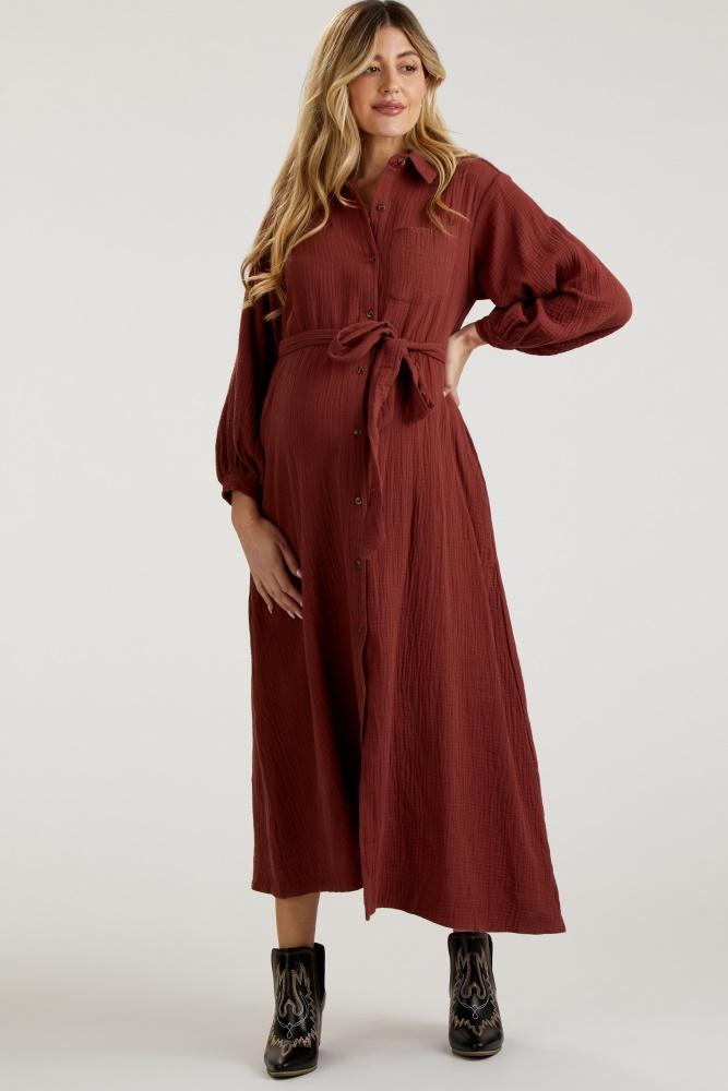 rust gauze belted shirt maternity midi dress