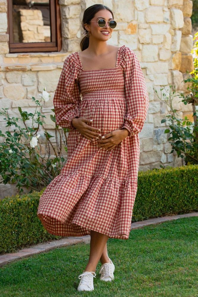 rust gingham long sleeve maternity midi dress