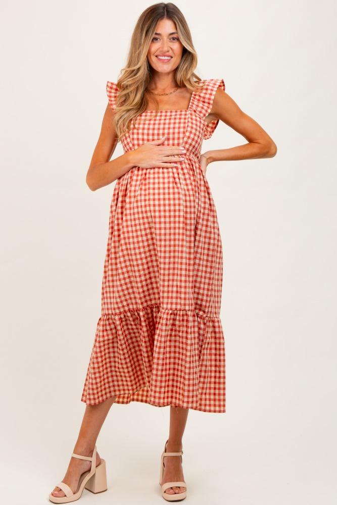 rust gingham ruffle strap maternity midi dress