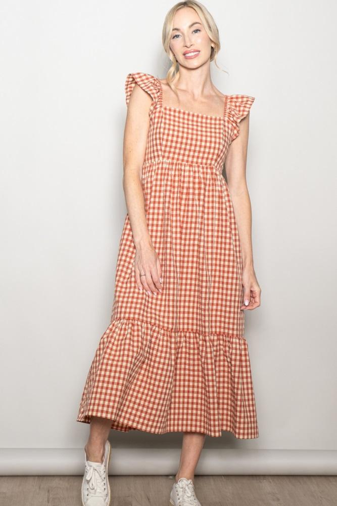 rust gingham ruffle strap midi dress
