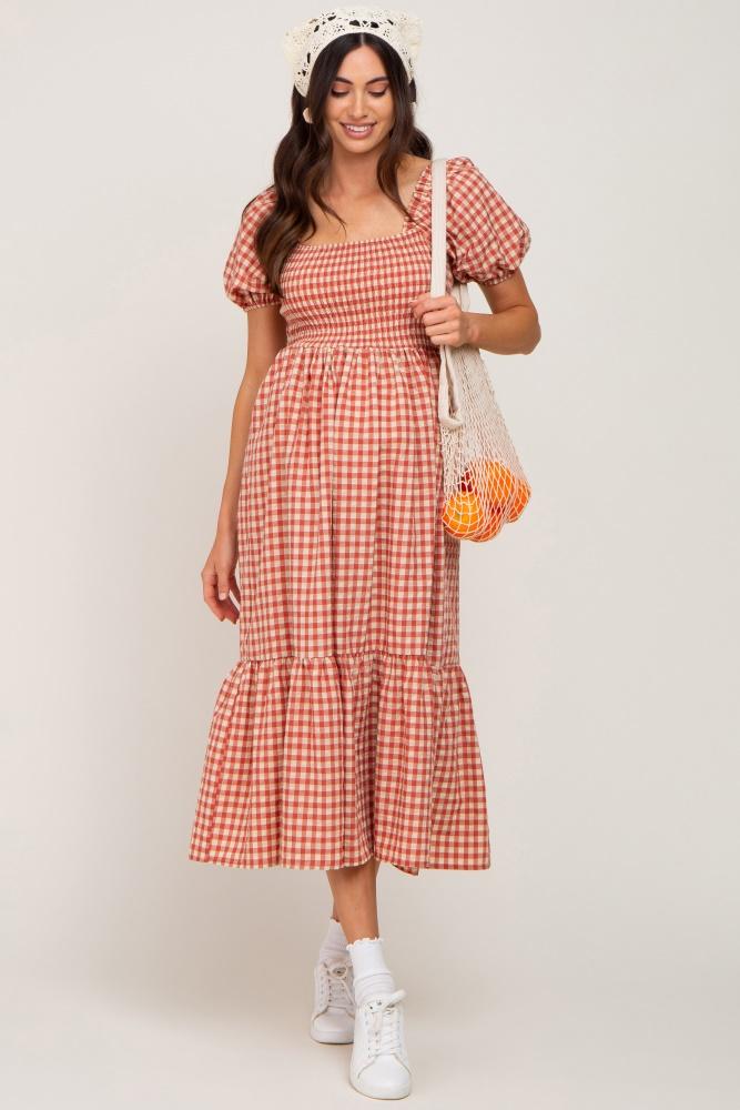 rust gingham smocked maternity midi dress