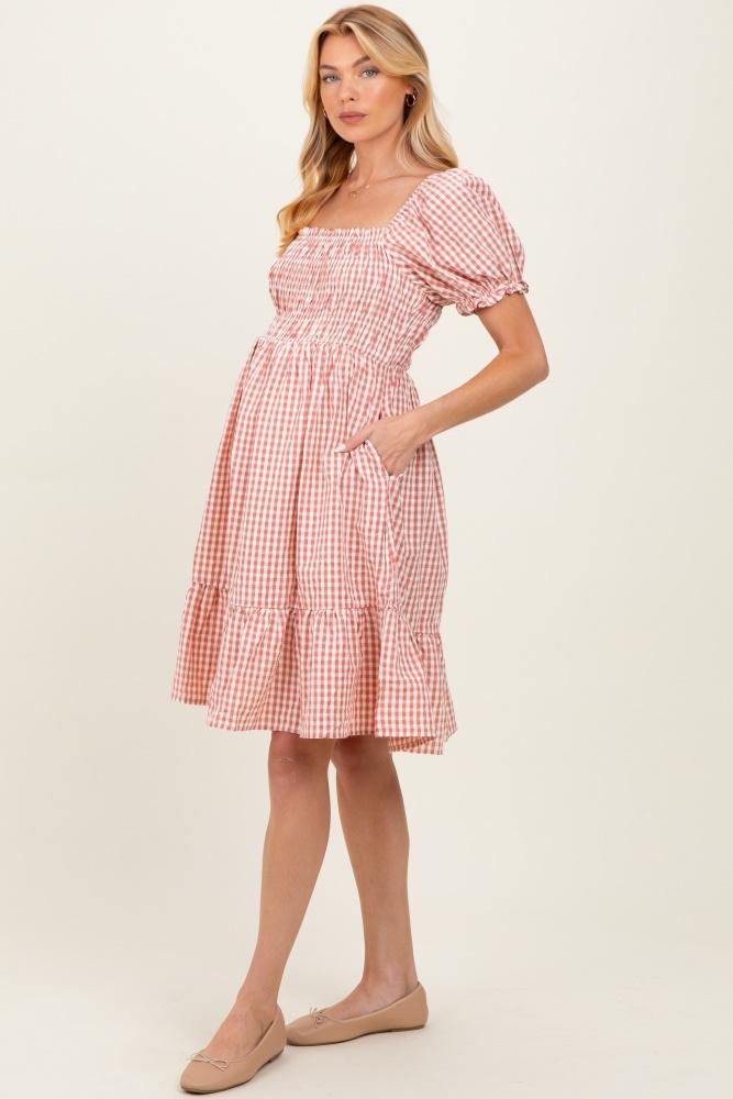 rust gingham smocked puff sleeve maternity dress
