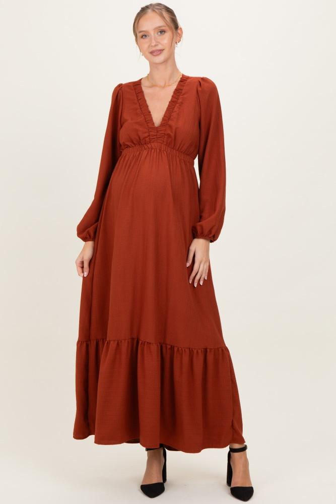 rust long sleeve v-neck tiered maternity maxi dress