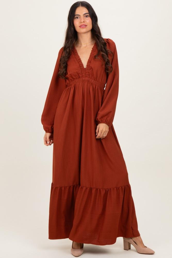 rust long sleeve v-neck tiered maxi dress