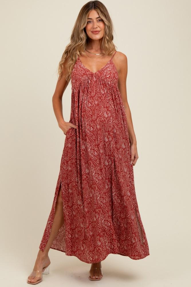 rust paisley print sleeveless side slit maternity maxi dress